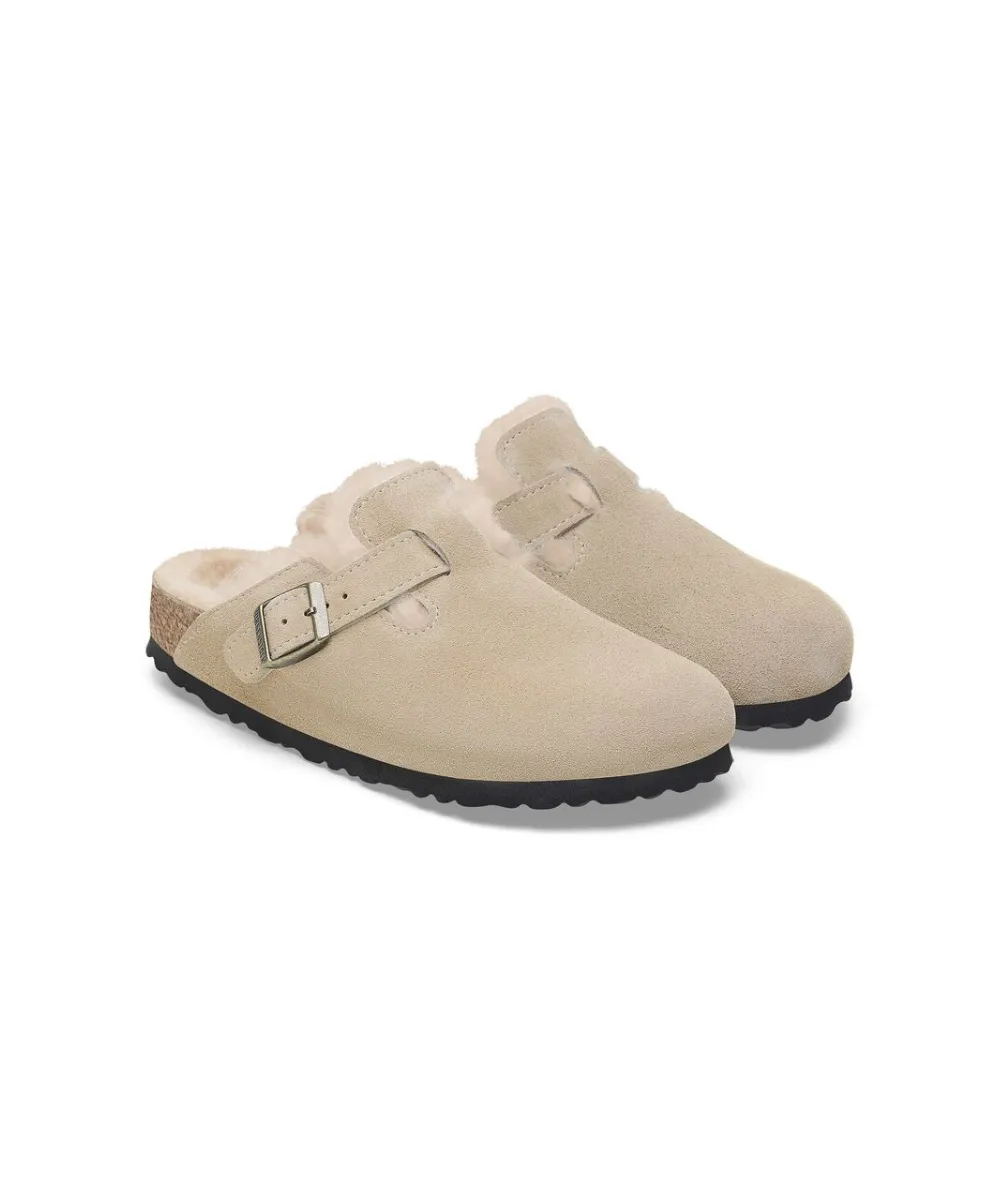 BIRKENSTOCK BOSTON SHEARLING CLOGS IN TAUPE