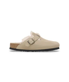 BIRKENSTOCK BOSTON SHEARLING CLOGS IN TAUPE