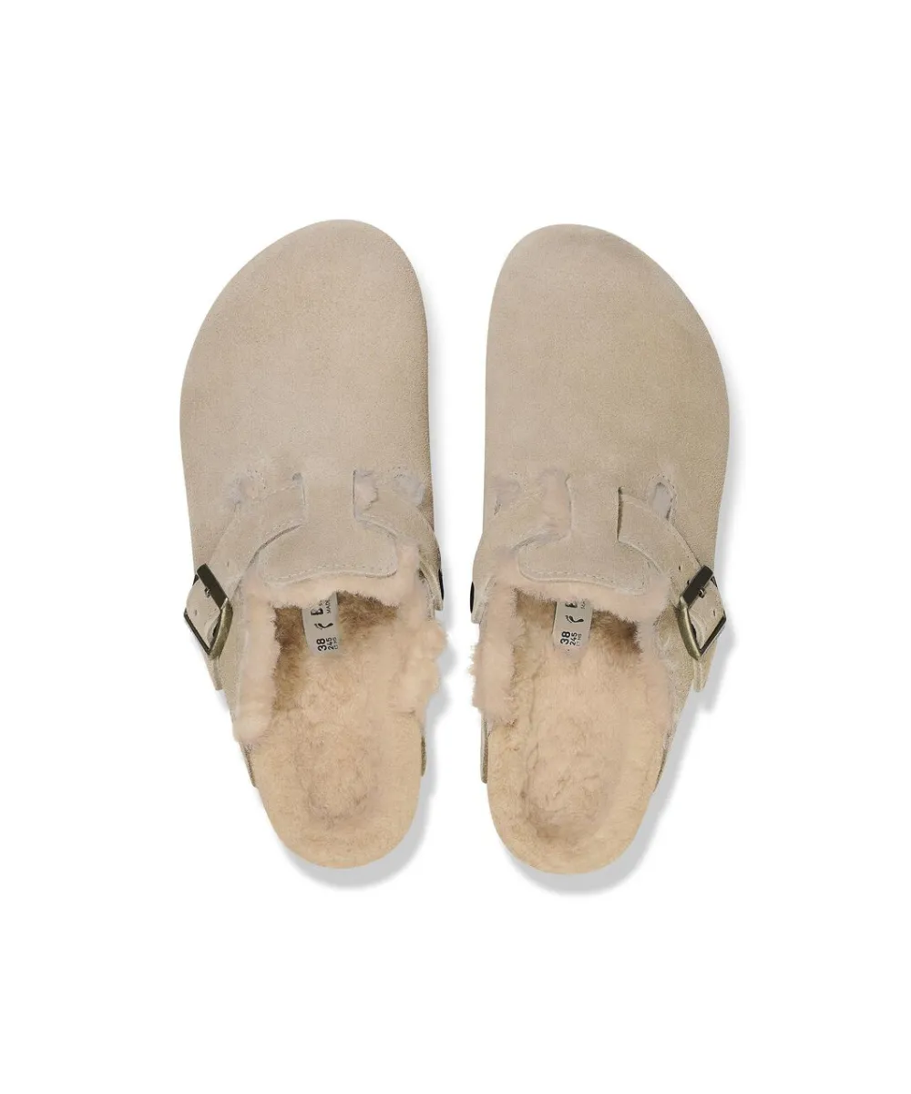 BIRKENSTOCK BOSTON SHEARLING CLOGS IN TAUPE