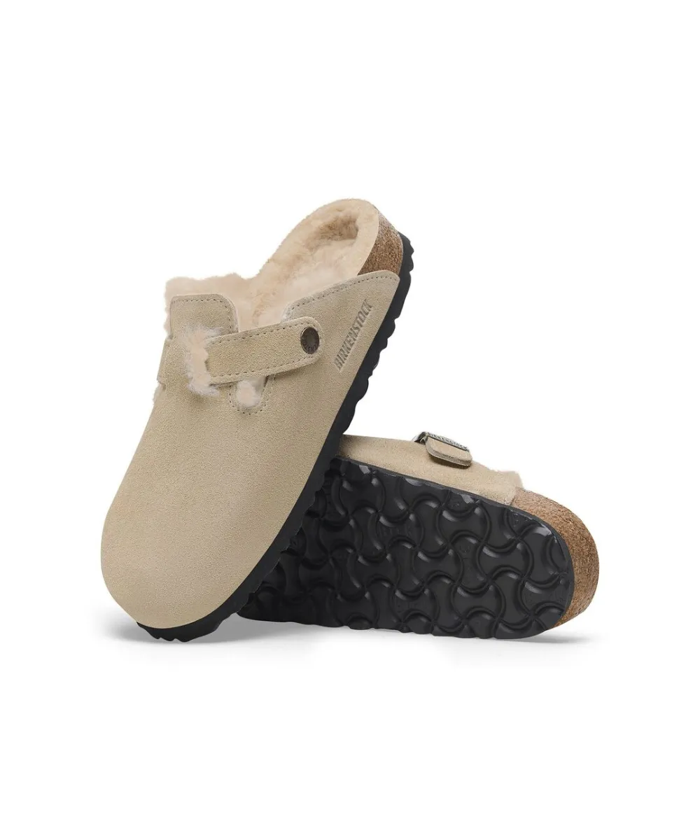 BIRKENSTOCK BOSTON SHEARLING CLOGS IN TAUPE