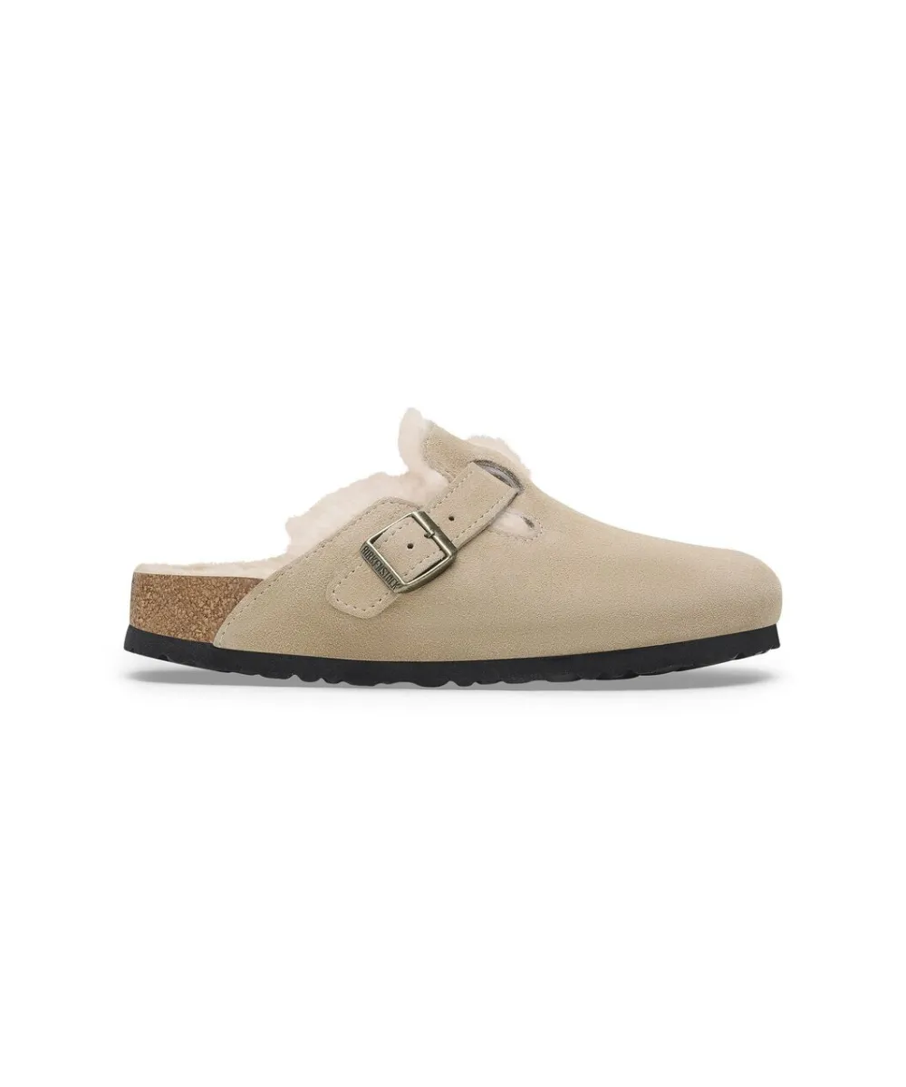 BIRKENSTOCK BOSTON SHEARLING CLOGS IN TAUPE