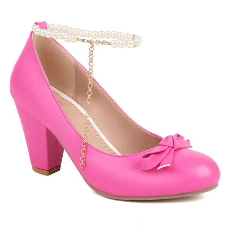 Bow Retro Mary Jane Thick Heel High Heel Pearl One-Word Buckle Strap Single Shoes