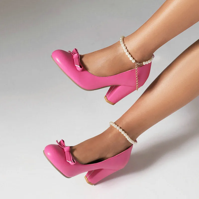 Bow Retro Mary Jane Thick Heel High Heel Pearl One-Word Buckle Strap Single Shoes
