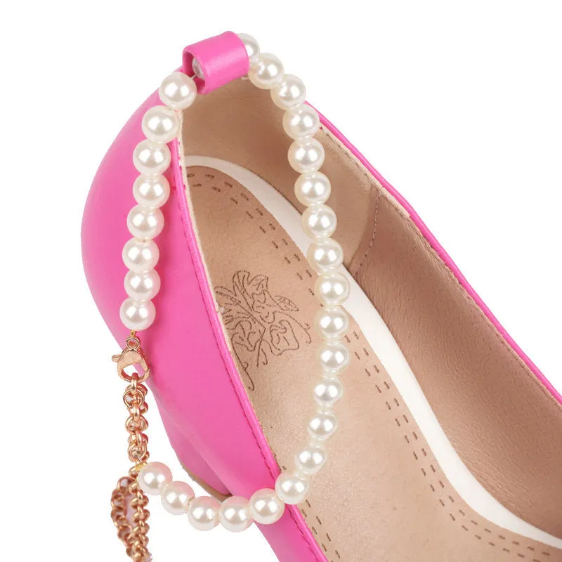 Bow Retro Mary Jane Thick Heel High Heel Pearl One-Word Buckle Strap Single Shoes