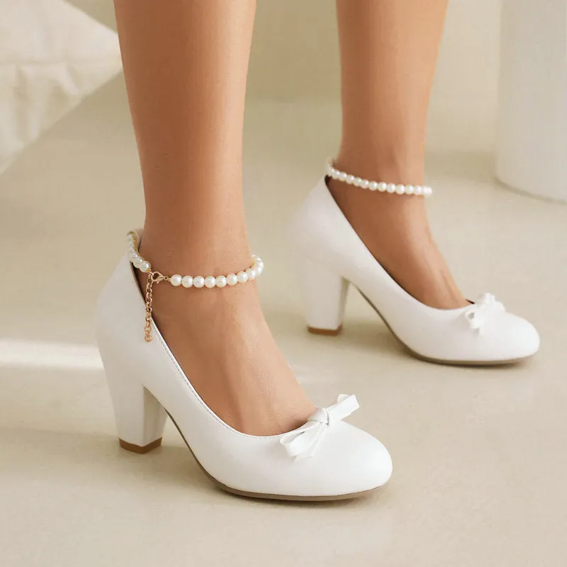 Bow Retro Mary Jane Thick Heel High Heel Pearl One-Word Buckle Strap Single Shoes