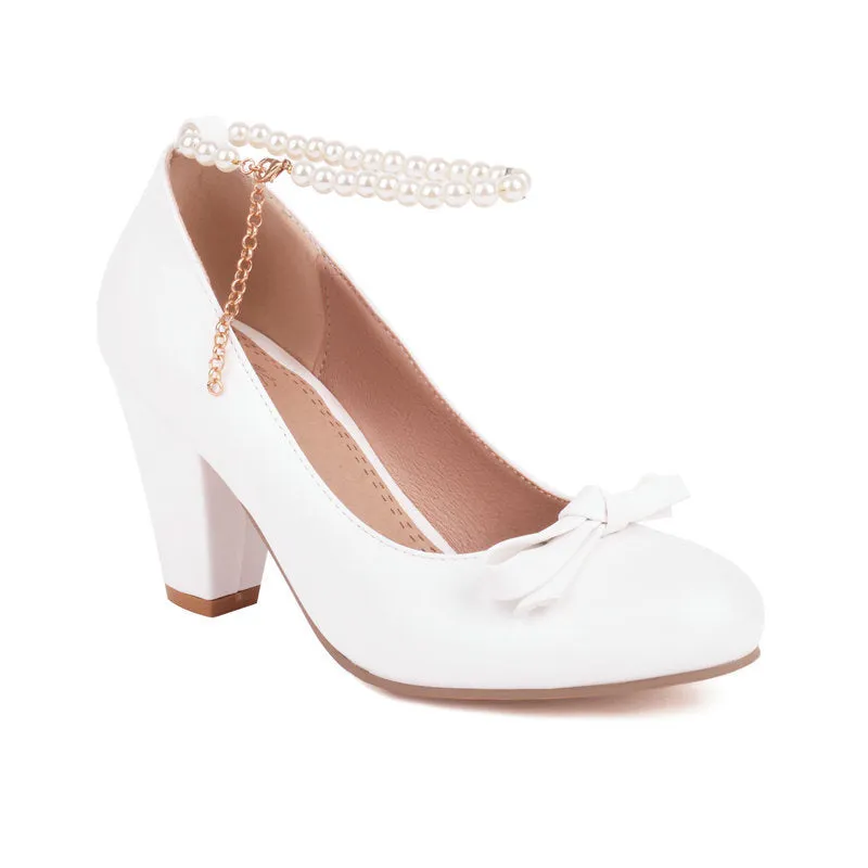 Bow Retro Mary Jane Thick Heel High Heel Pearl One-Word Buckle Strap Single Shoes