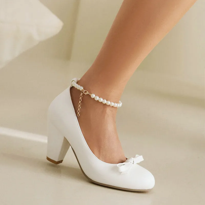 Bow Retro Mary Jane Thick Heel High Heel Pearl One-Word Buckle Strap Single Shoes