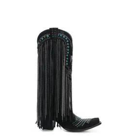 Corral Womens Crystal Eagle Lamb Fringe Black Cowhide 14in Cowboy Boots