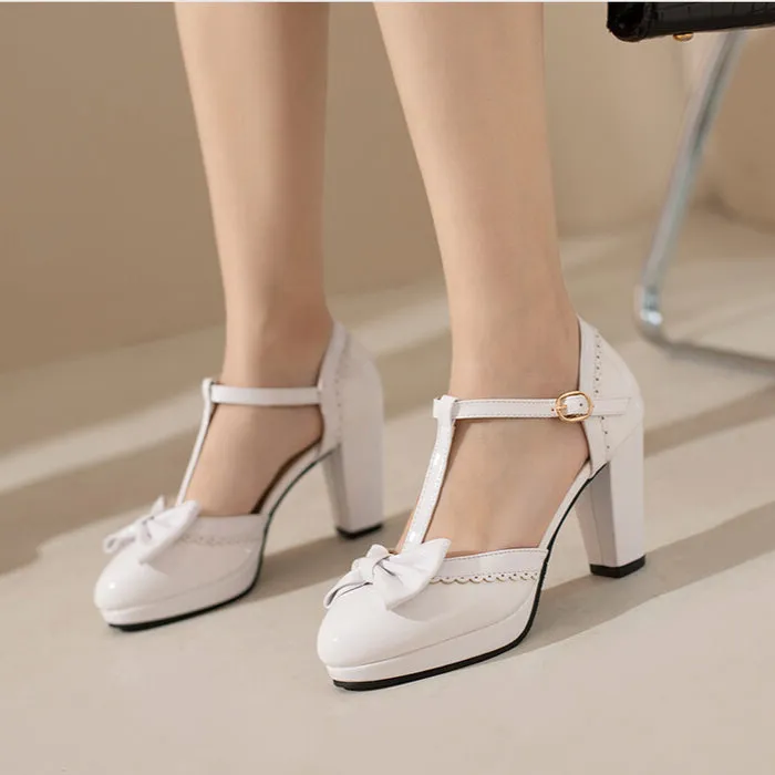 Mary Jane High Heels Bow Lace Thick Heel Retro Elegance