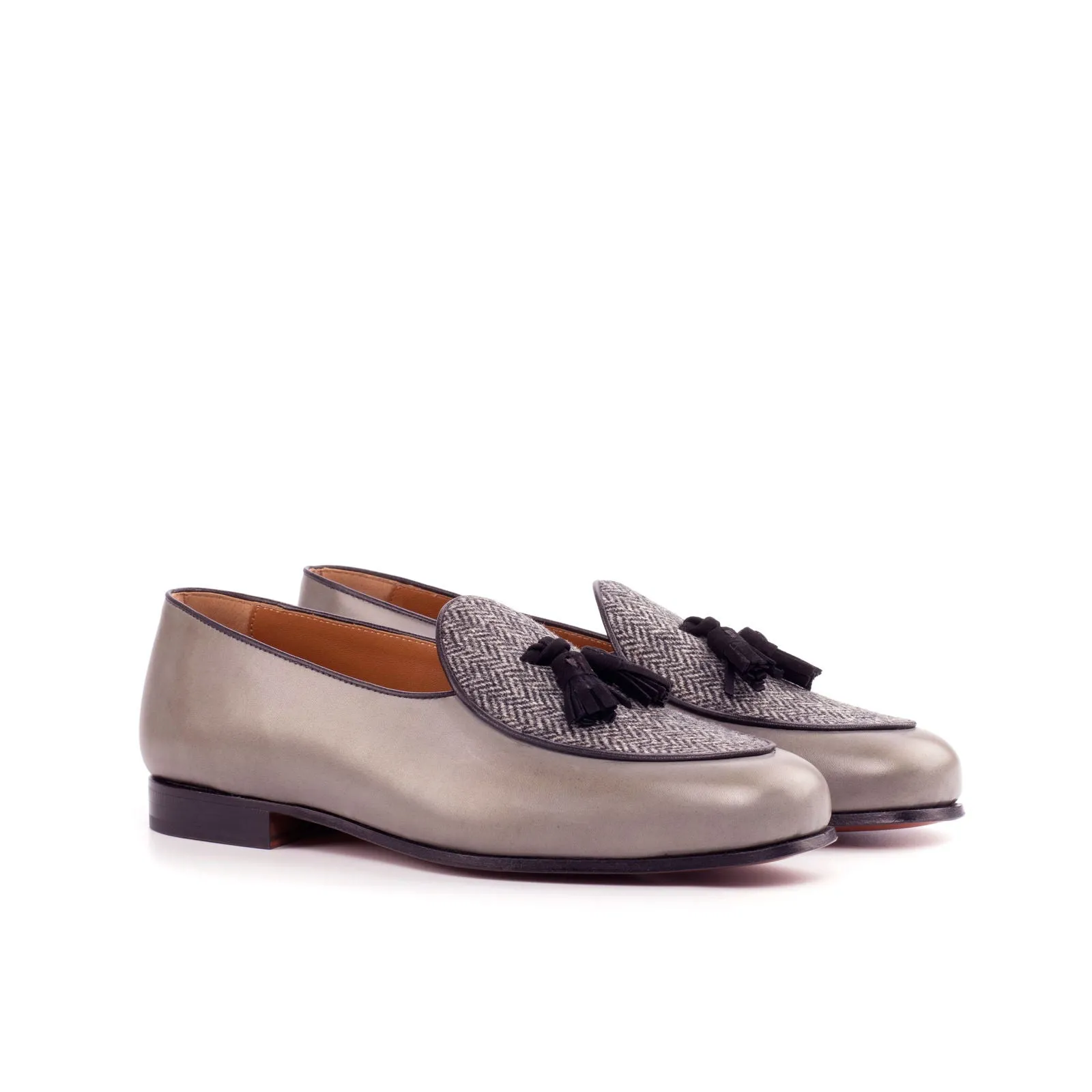 Men's Belgian Leather Slippers Wide Plus Size Grey Black 4462