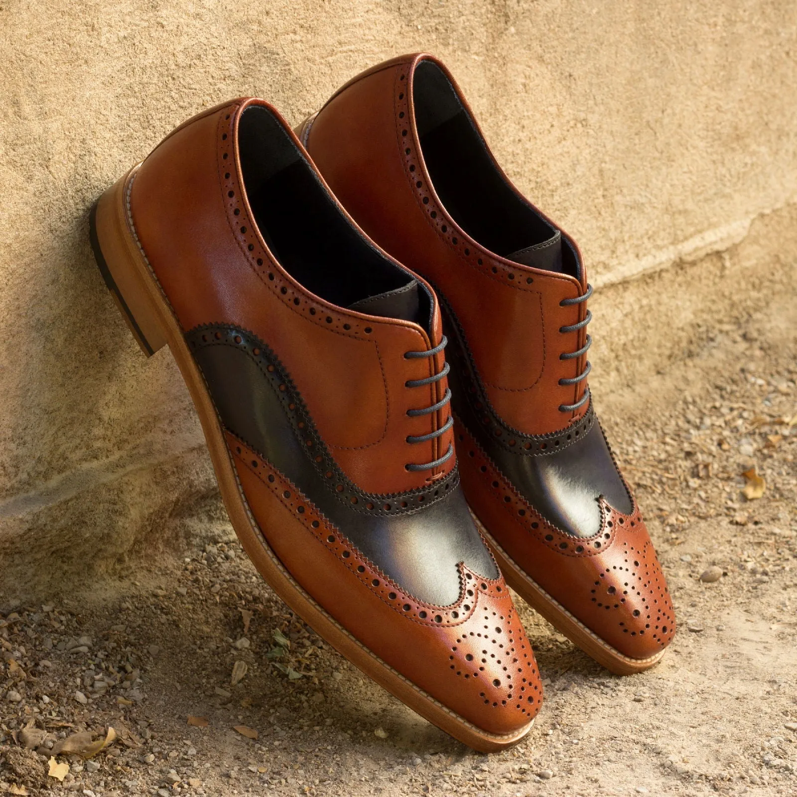 Men's Full Brogue Leather Shoes Wide Plus Size Brown Blue 2409