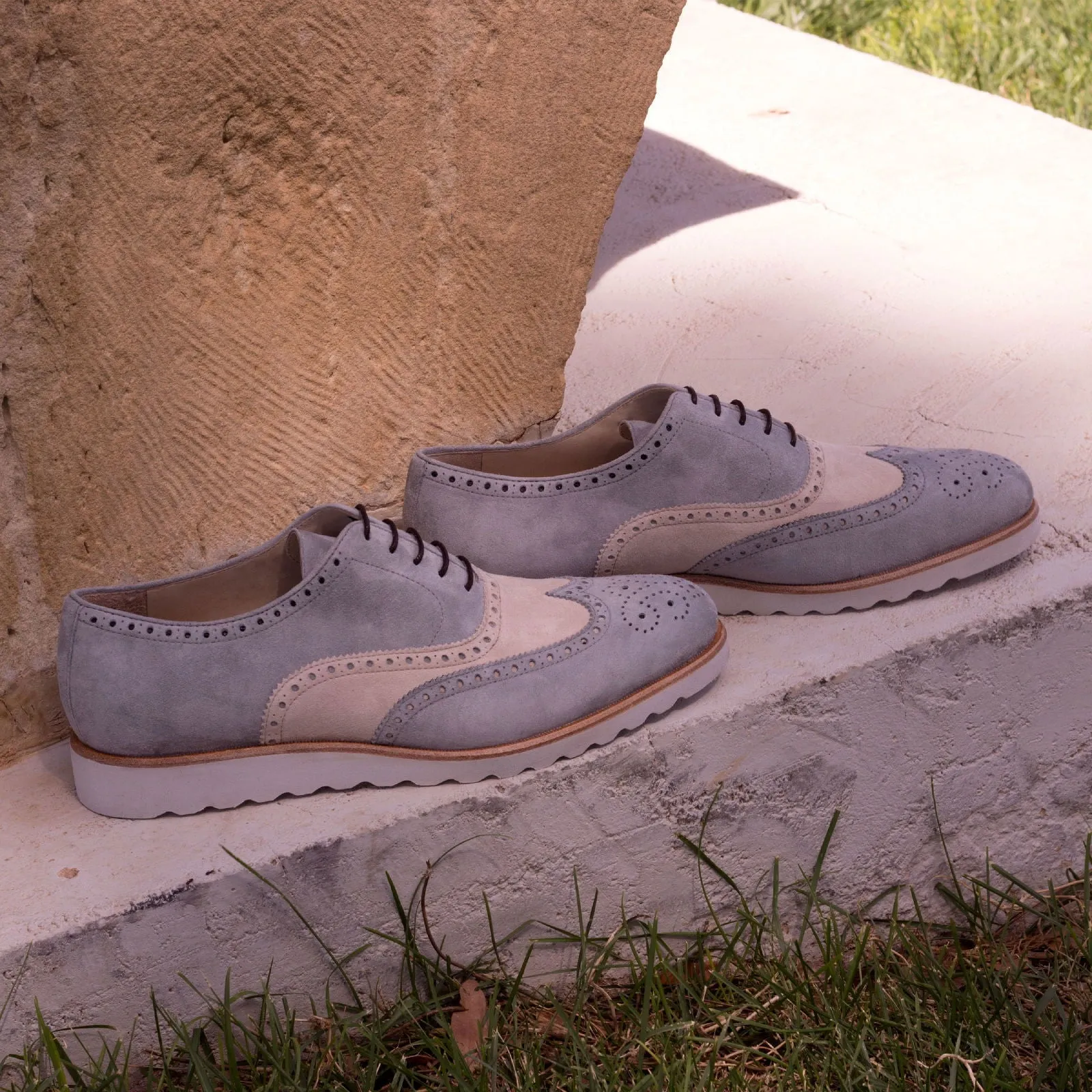 Men's Full Brogue Leather Shoes Wide Plus Size Grey White 2311