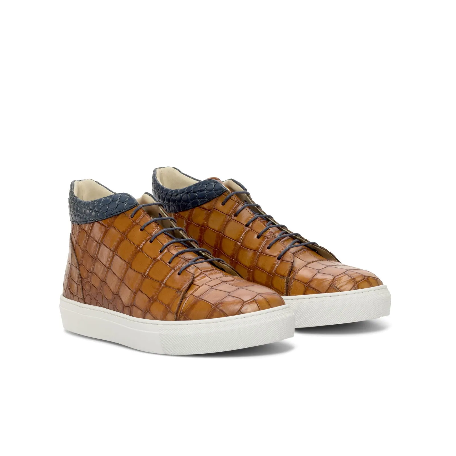 Men's High Top Leather Sneakers Wide Plus Size Brown Navy 4839
