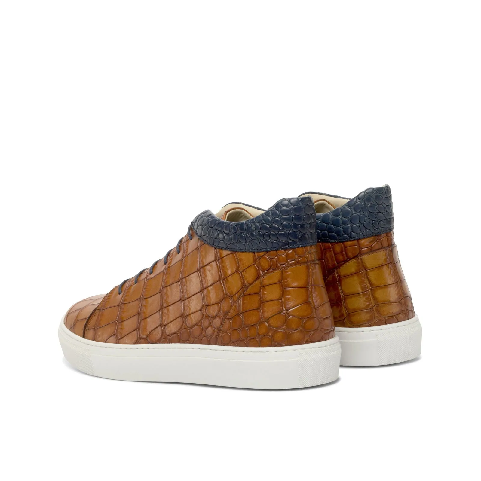 Men's High Top Leather Sneakers Wide Plus Size Brown Navy 4839