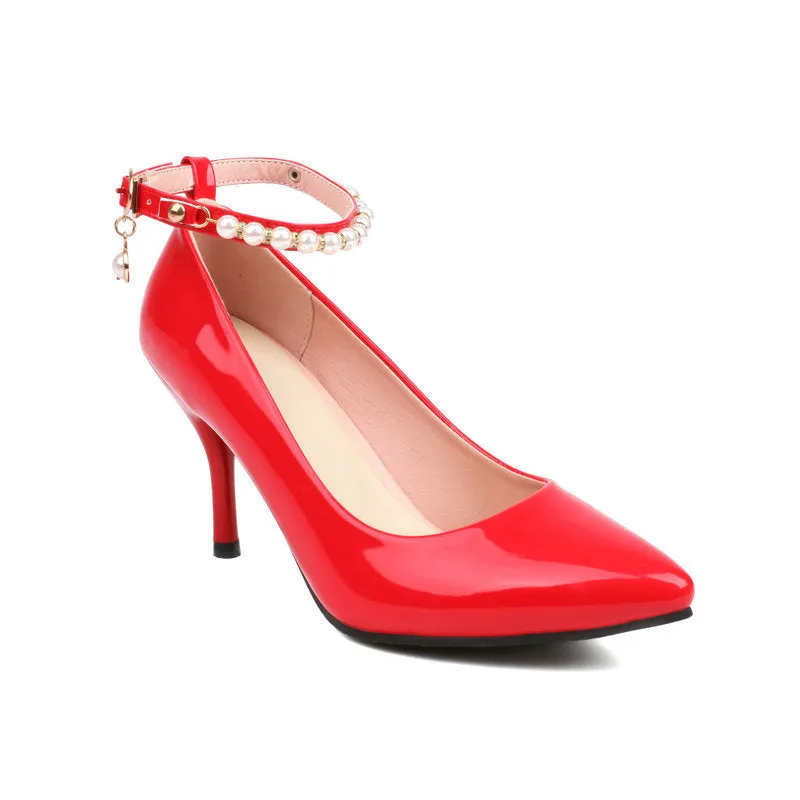 Pointed Patent Leather High Heels Stiletto Anklet Buckle Retro Elegant Women's Shoes