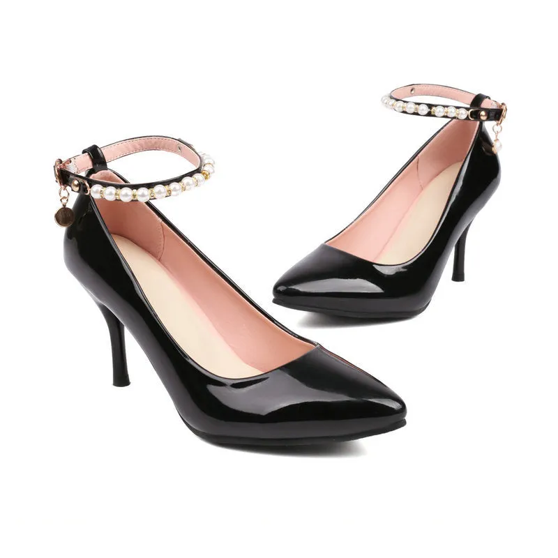 Pointed Patent Leather High Heels Stiletto Anklet Buckle Retro Elegant Women's Shoes