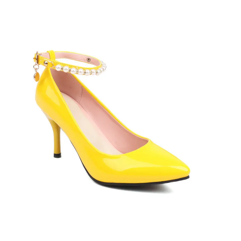 Pointed Patent Leather High Heels Stiletto Anklet Buckle Retro Elegant Women's Shoes