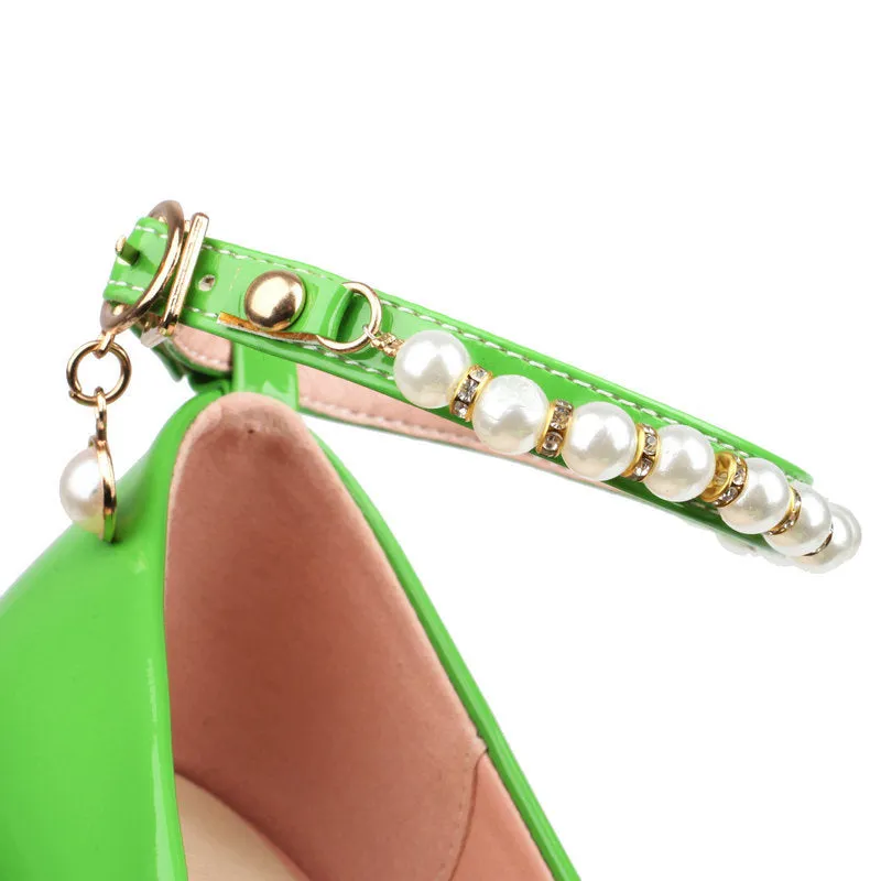 Pointed Patent Leather High Heels Stiletto Anklet Buckle Retro Elegant Women's Shoes