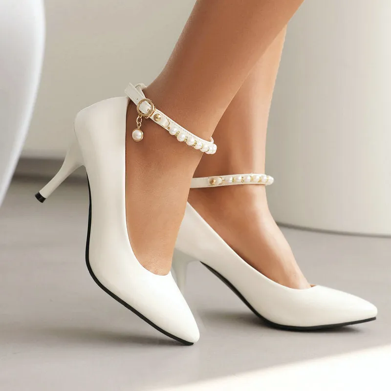 Pointed Patent Leather High Heels Stiletto Anklet Buckle Retro Elegant Women's Shoes