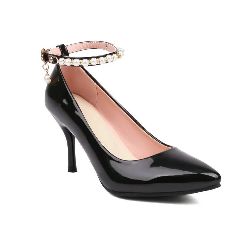 Pointed Patent Leather High Heels Stiletto Anklet Buckle Retro Elegant Women's Shoes