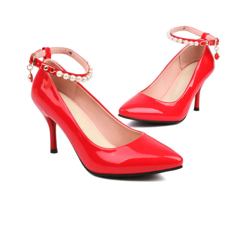Pointed Patent Leather High Heels Stiletto Anklet Buckle Retro Elegant Women's Shoes