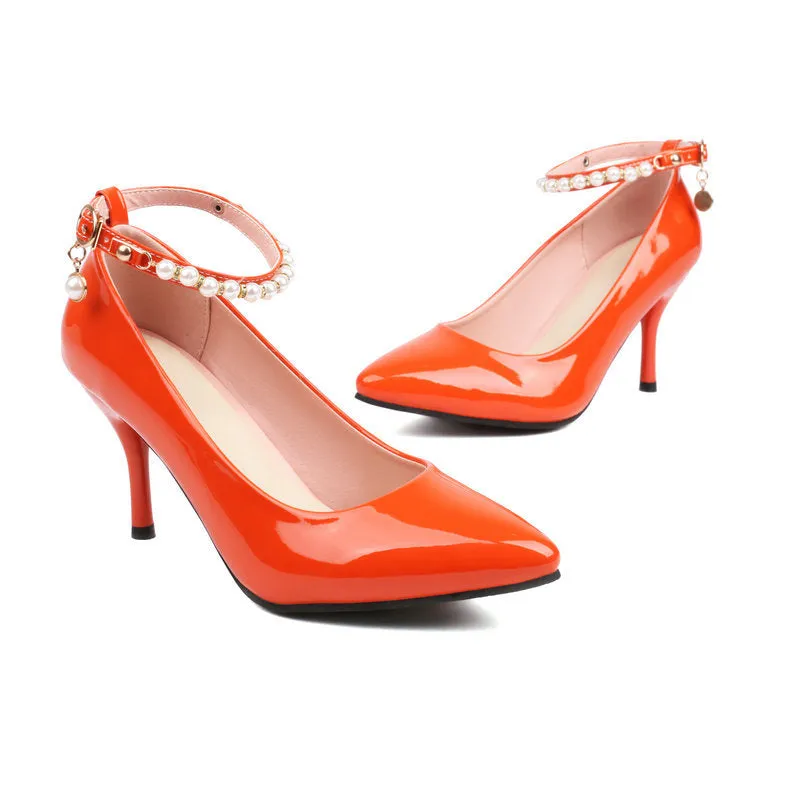 Pointed Patent Leather High Heels Stiletto Anklet Buckle Retro Elegant Women's Shoes