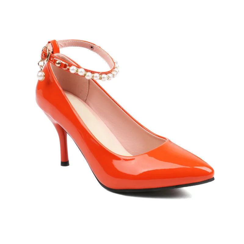Pointed Patent Leather High Heels Stiletto Anklet Buckle Retro Elegant Women's Shoes