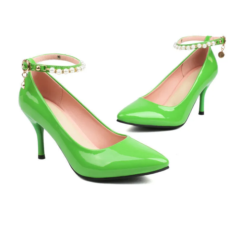 Pointed Patent Leather High Heels Stiletto Anklet Buckle Retro Elegant Women's Shoes
