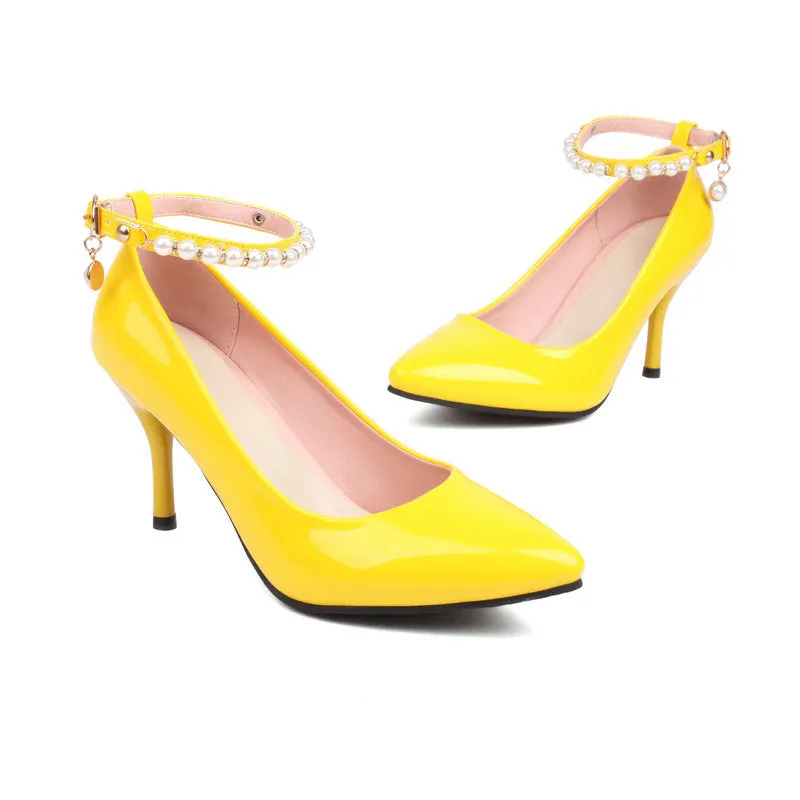 Pointed Patent Leather High Heels Stiletto Anklet Buckle Retro Elegant Women's Shoes