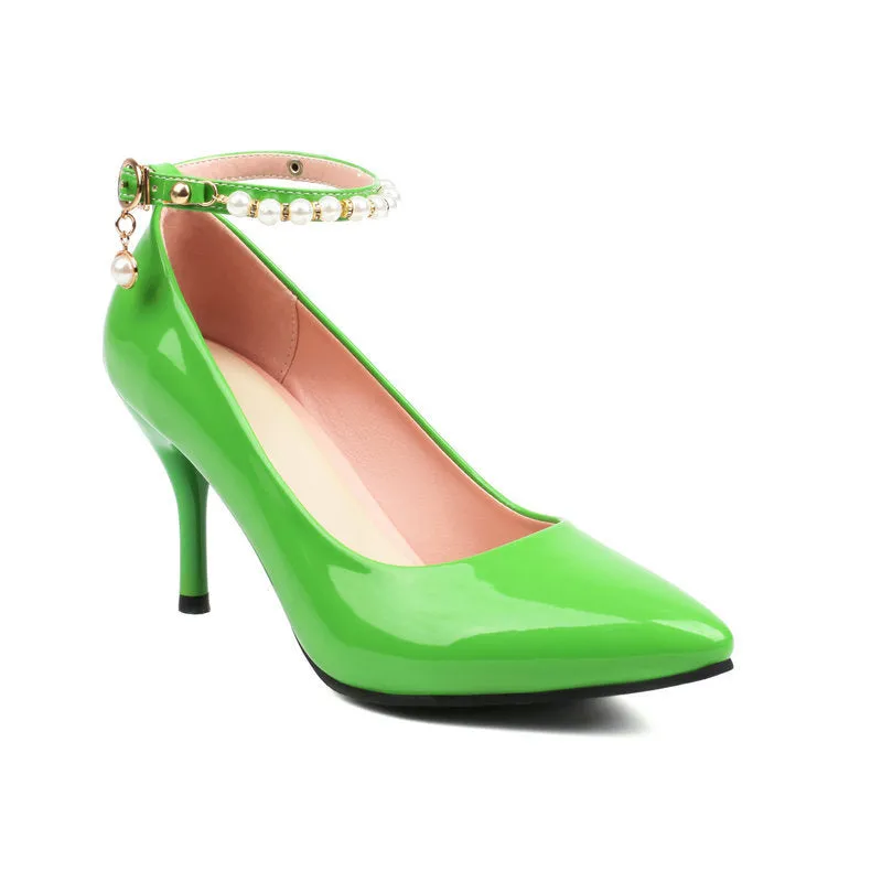 Pointed Patent Leather High Heels Stiletto Anklet Buckle Retro Elegant Women's Shoes