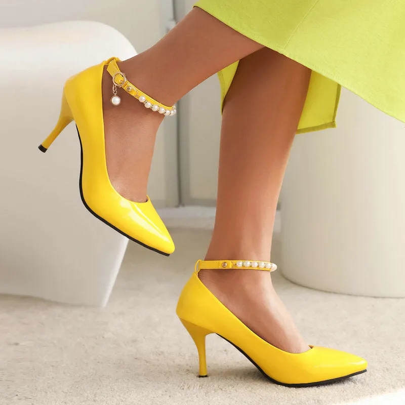 Pointed Patent Leather High Heels Stiletto Anklet Buckle Retro Elegant Women's Shoes