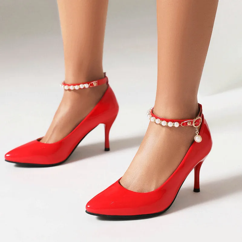 Pointed Patent Leather High Heels Stiletto Anklet Buckle Retro Elegant Women's Shoes