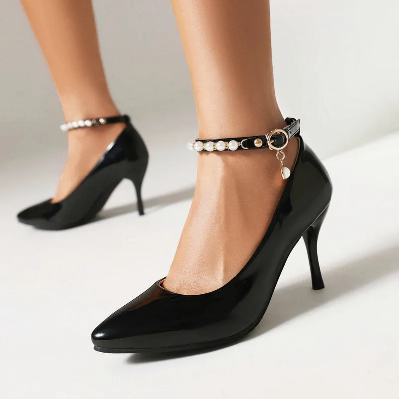 Pointed Patent Leather High Heels Stiletto Anklet Buckle Retro Elegant Women's Shoes