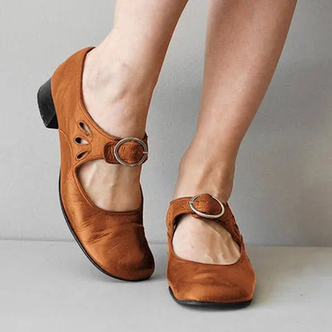 Retro Low Heel Shallow Mouth Single Shoes Versatile Metal Buckle Elegant Heels