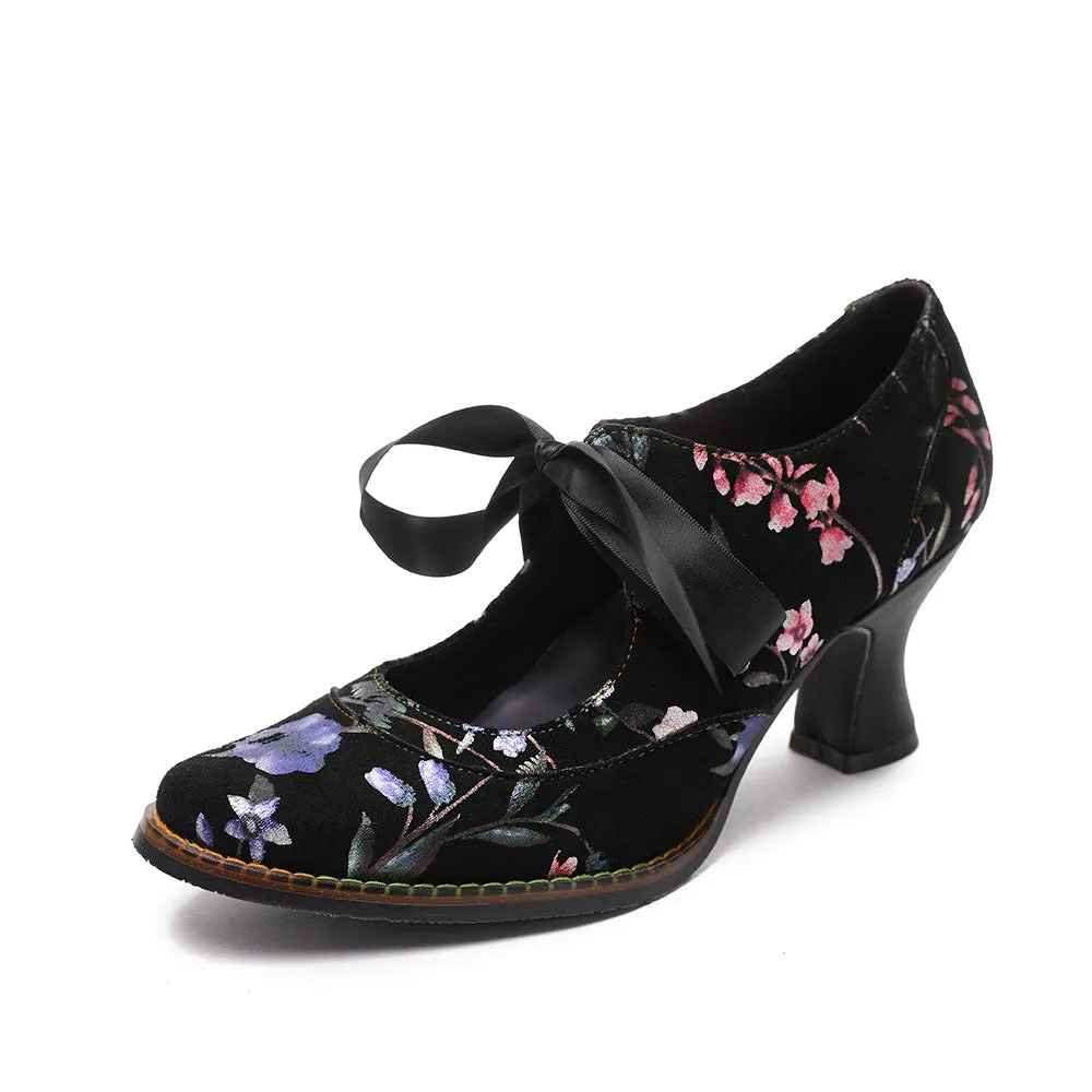 Retro Women's Single Shoes Casual Flower Women's High Heels