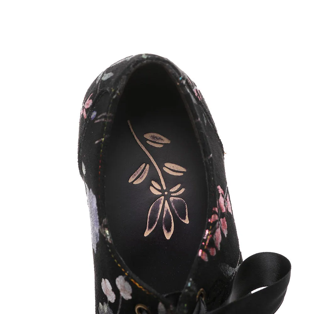 Retro Women's Single Shoes Casual Flower Women's High Heels