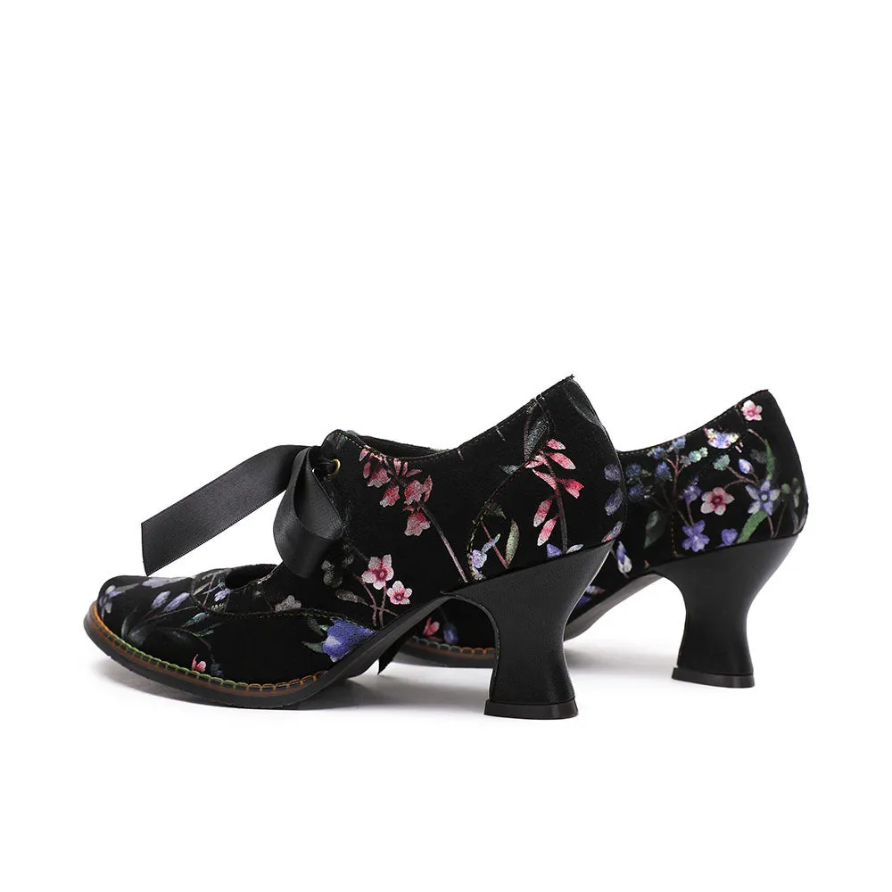 Retro Women's Single Shoes Casual Flower Women's High Heels
