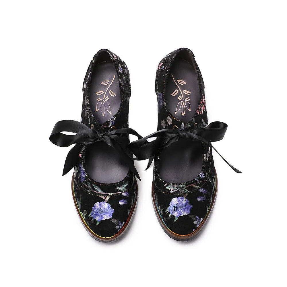 Retro Women's Single Shoes Casual Flower Women's High Heels