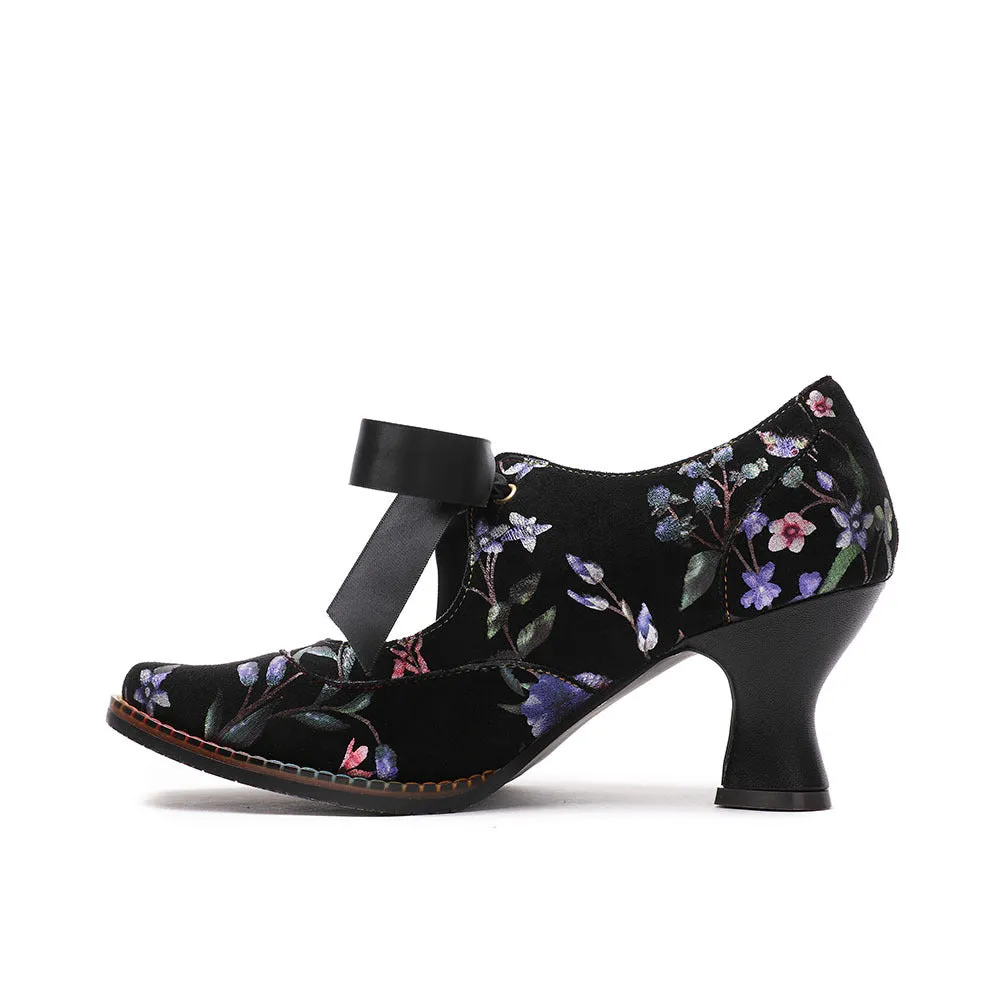 Retro Women's Single Shoes Casual Flower Women's High Heels