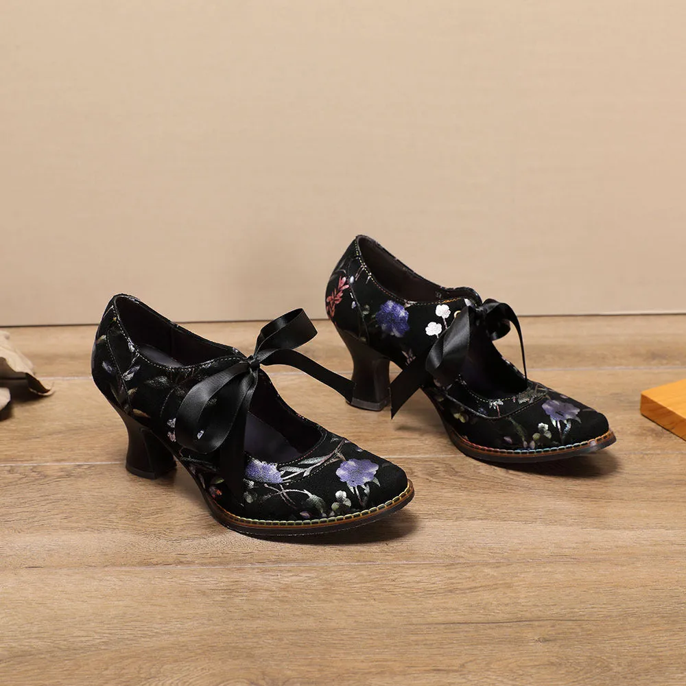 Retro Women's Single Shoes Casual Flower Women's High Heels
