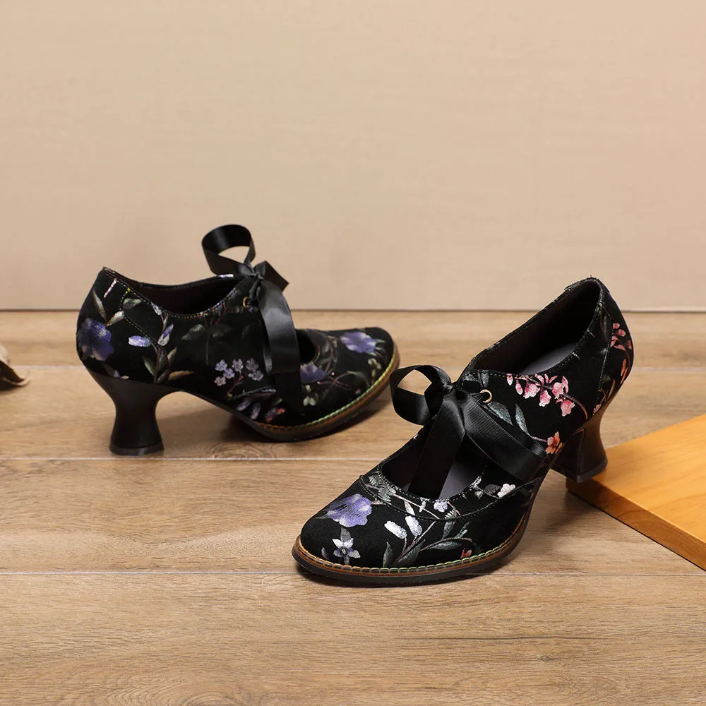 Retro Women's Single Shoes Casual Flower Women's High Heels