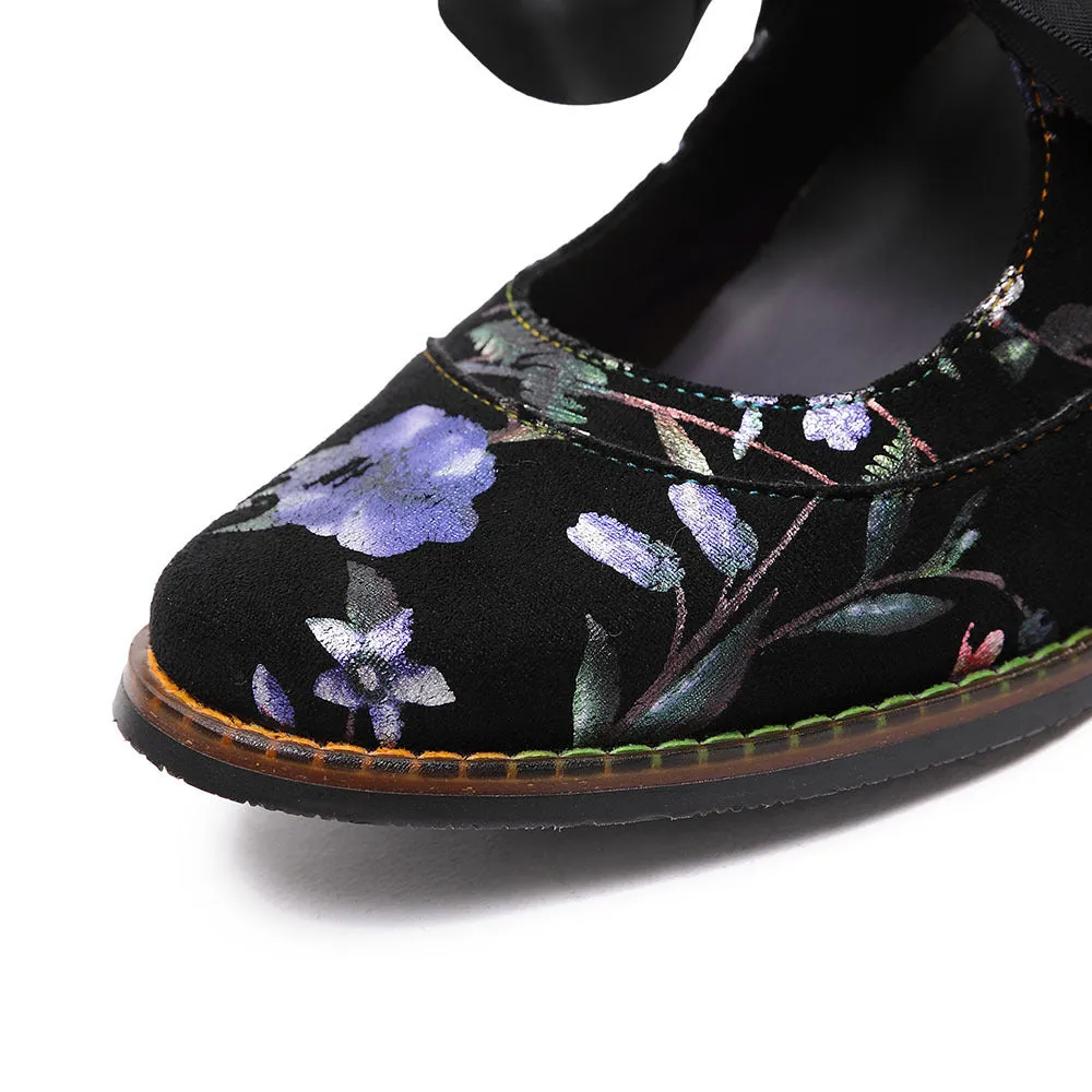 Retro Women's Single Shoes Casual Flower Women's High Heels