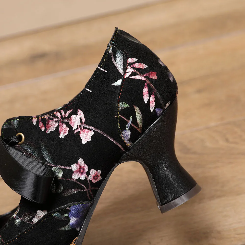 Retro Women's Single Shoes Casual Flower Women's High Heels