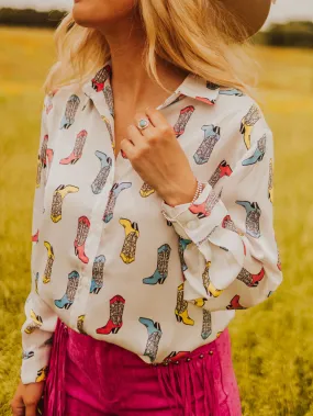 Satin Cowboy Boots Print Blouse