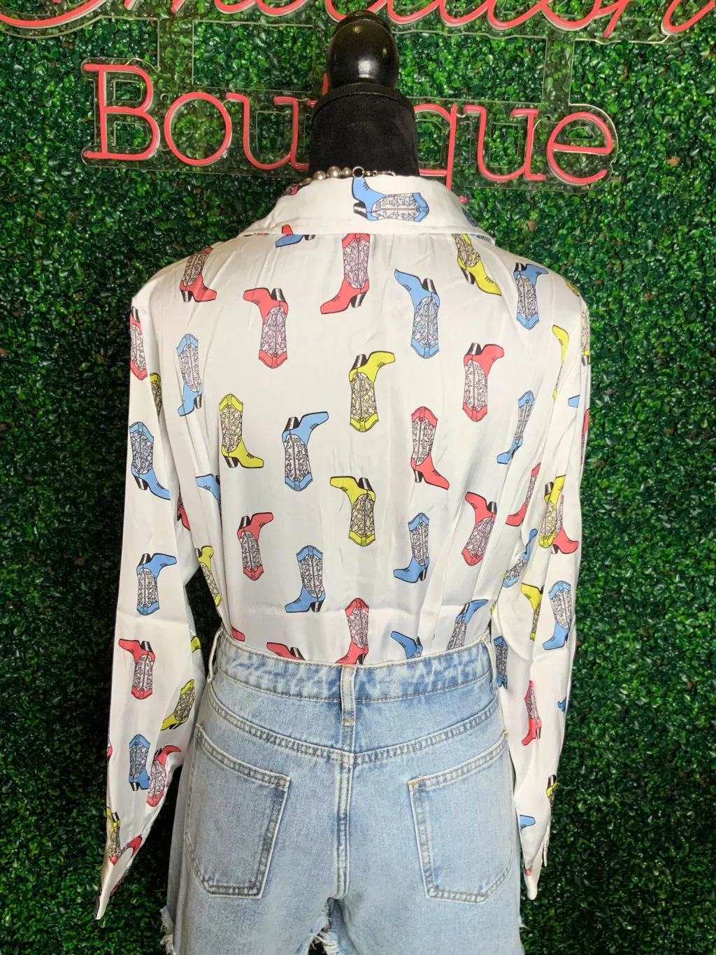 Satin Cowboy Boots Print Blouse