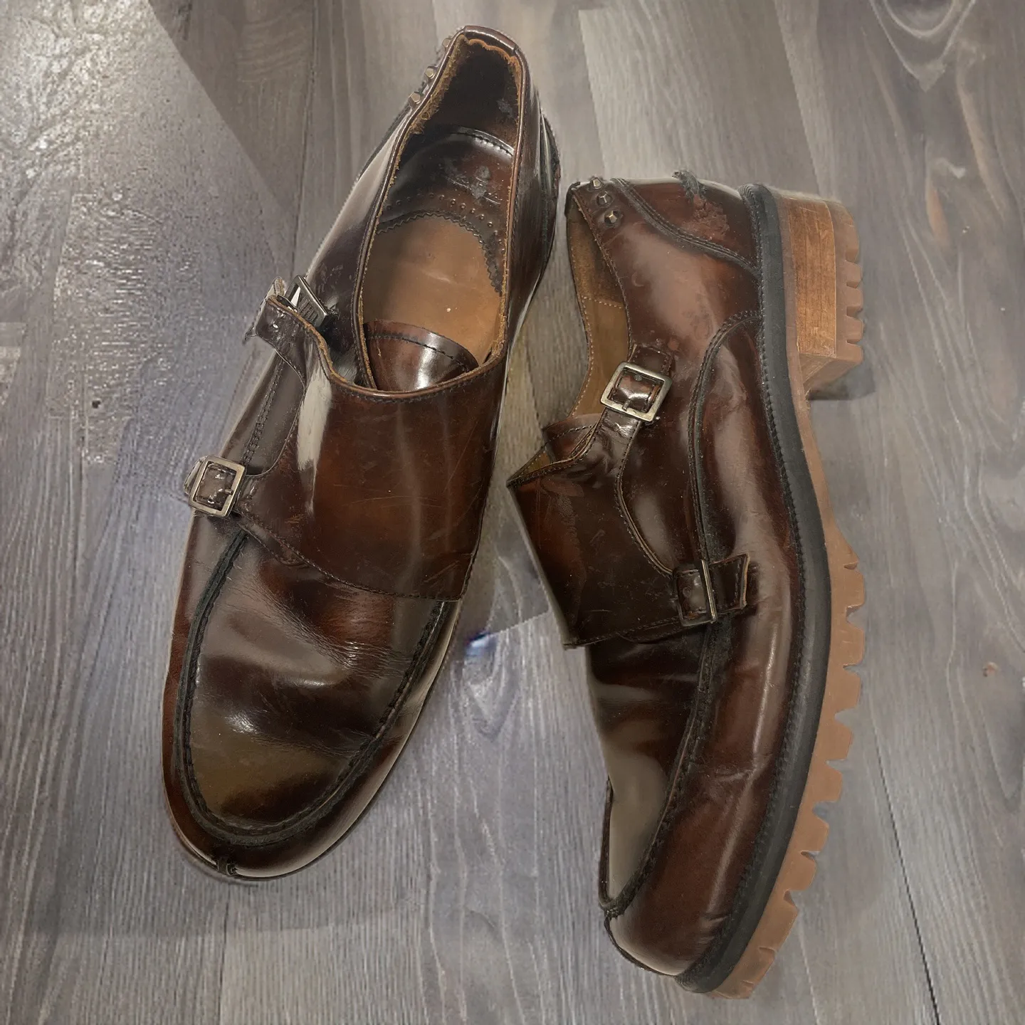 Vintage mens double buckle brown leather shoe size 41