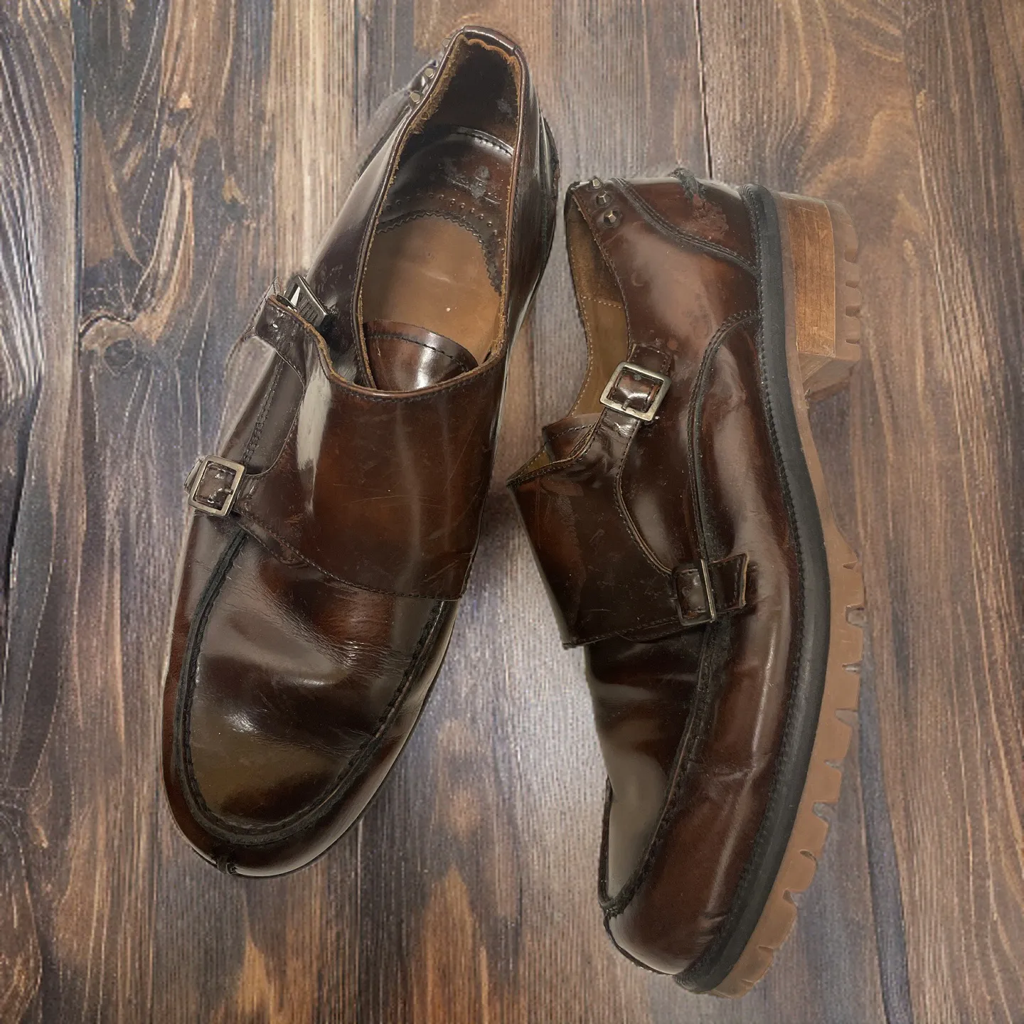 Vintage mens double buckle brown leather shoe size 41